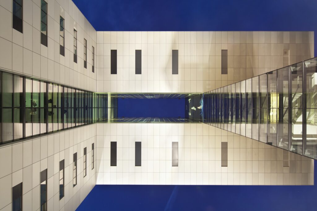 modern architecture from below at night